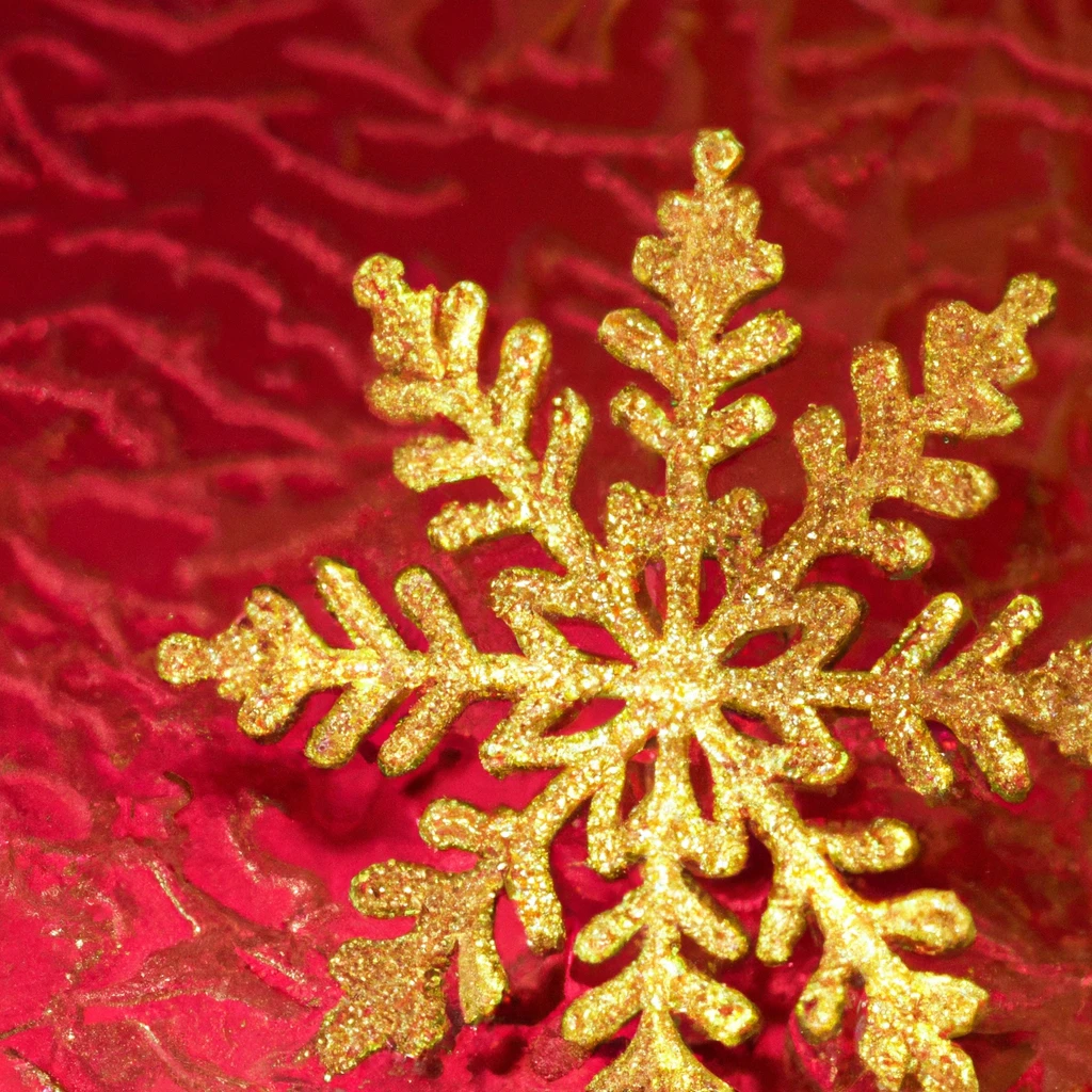 A golden snowflake against a red background