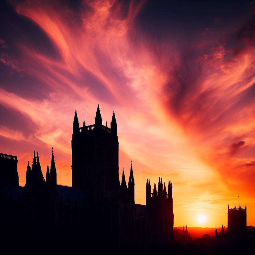 Silhouette of Wells Cathedral against a ruby sky