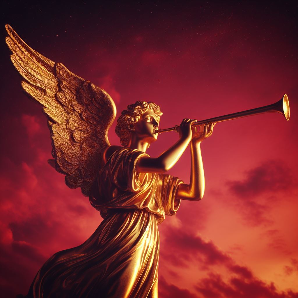 A statue of a golden angel blowing a trumpet